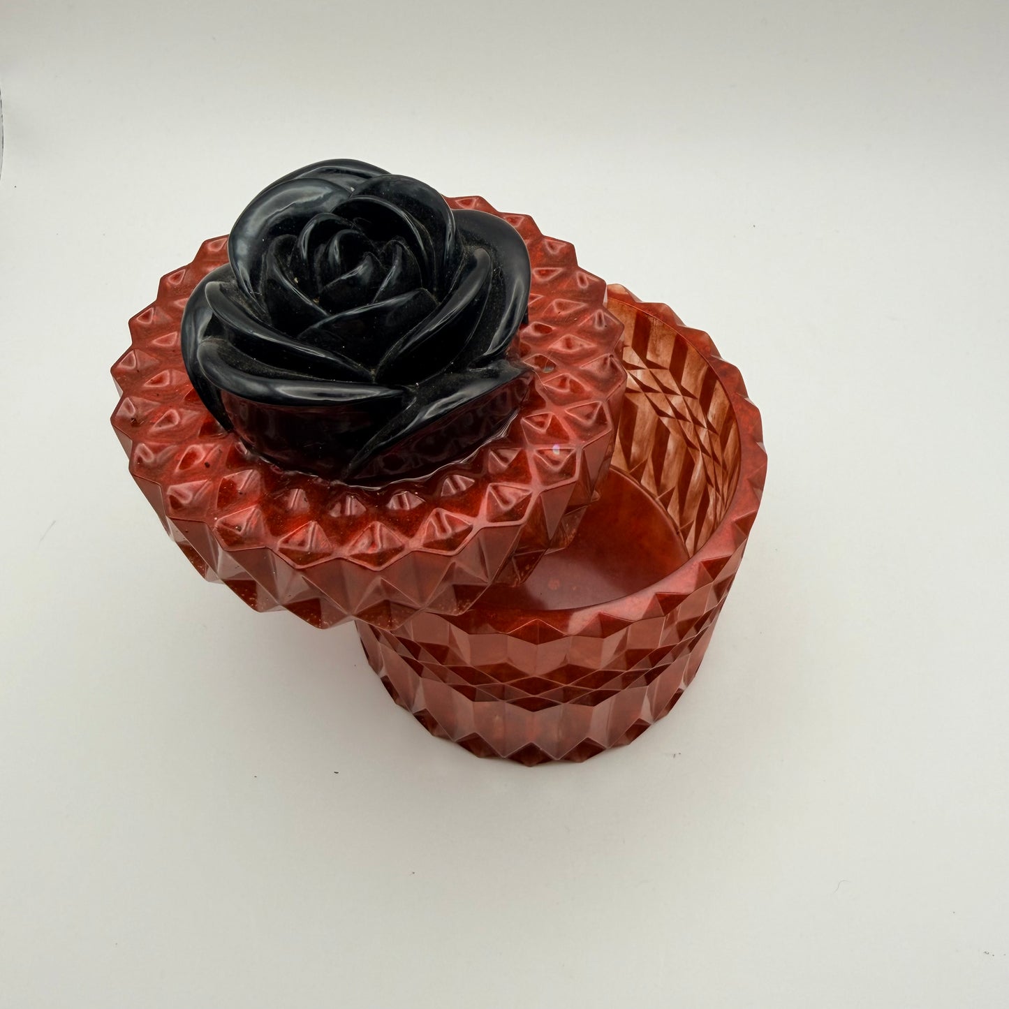 Red with Black Rose Container with Flower Lid