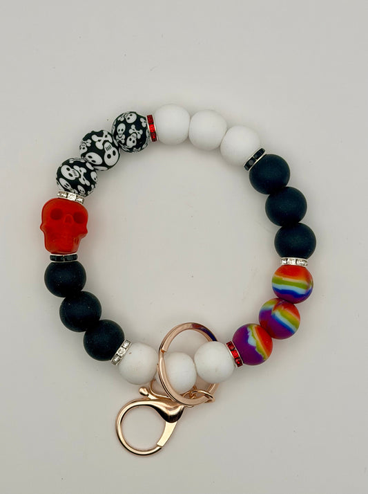 Wristlet, Keychain or Bag Charm - Red skull, black, white, multi-color