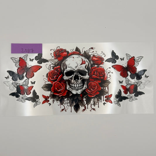 skull with red flowers and butterflies