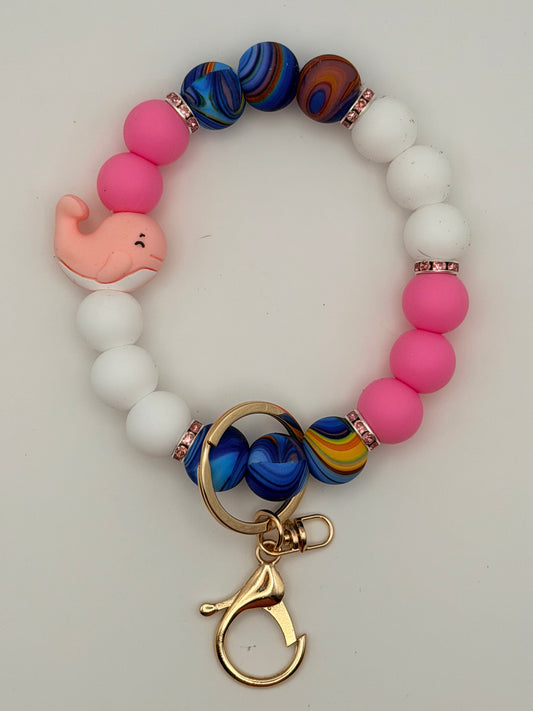 Wristlet, Keychain or Bag Charm - Pink whale, blue swirls, white, hot pink