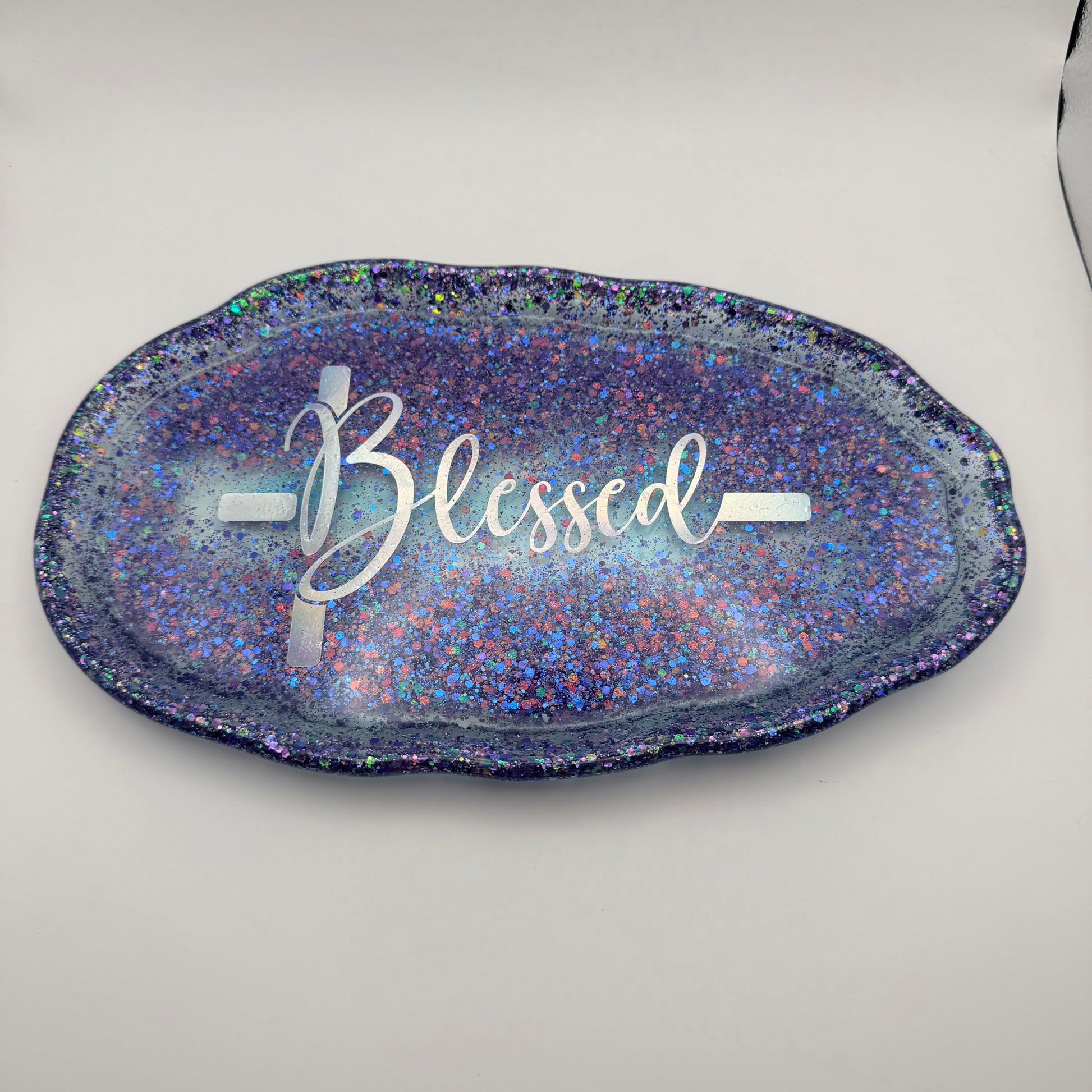 purple and glitter with blessed sticker