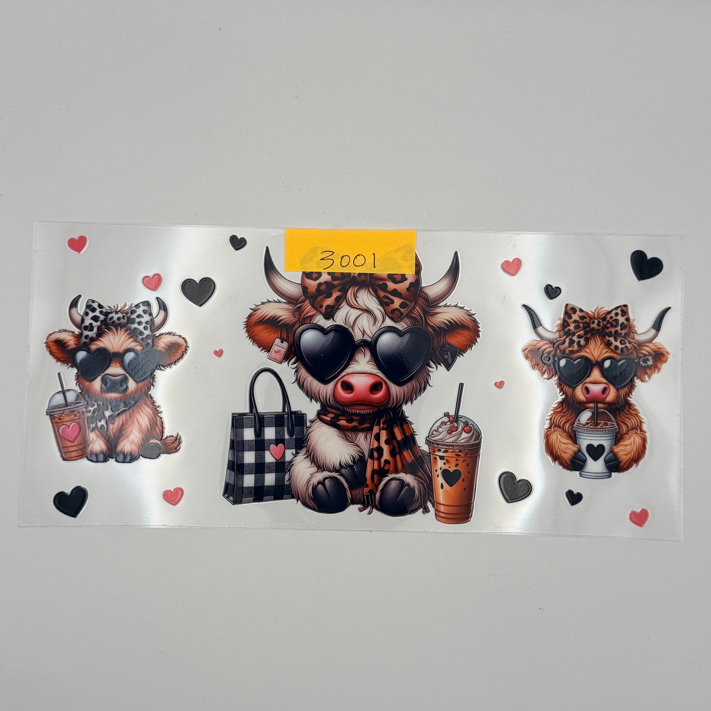 highland cow with leopard print bows with coffee