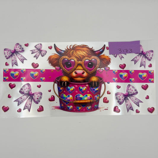 Highland Cow with heart glasses in bucket