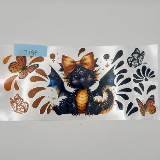 Black and gold dragon with bow and butterflies
