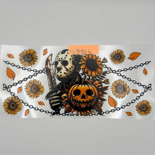 Jason Voorhees with sunflowers and pumpkin