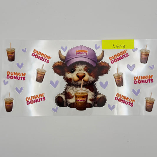Dunkin highland cow with purple hat