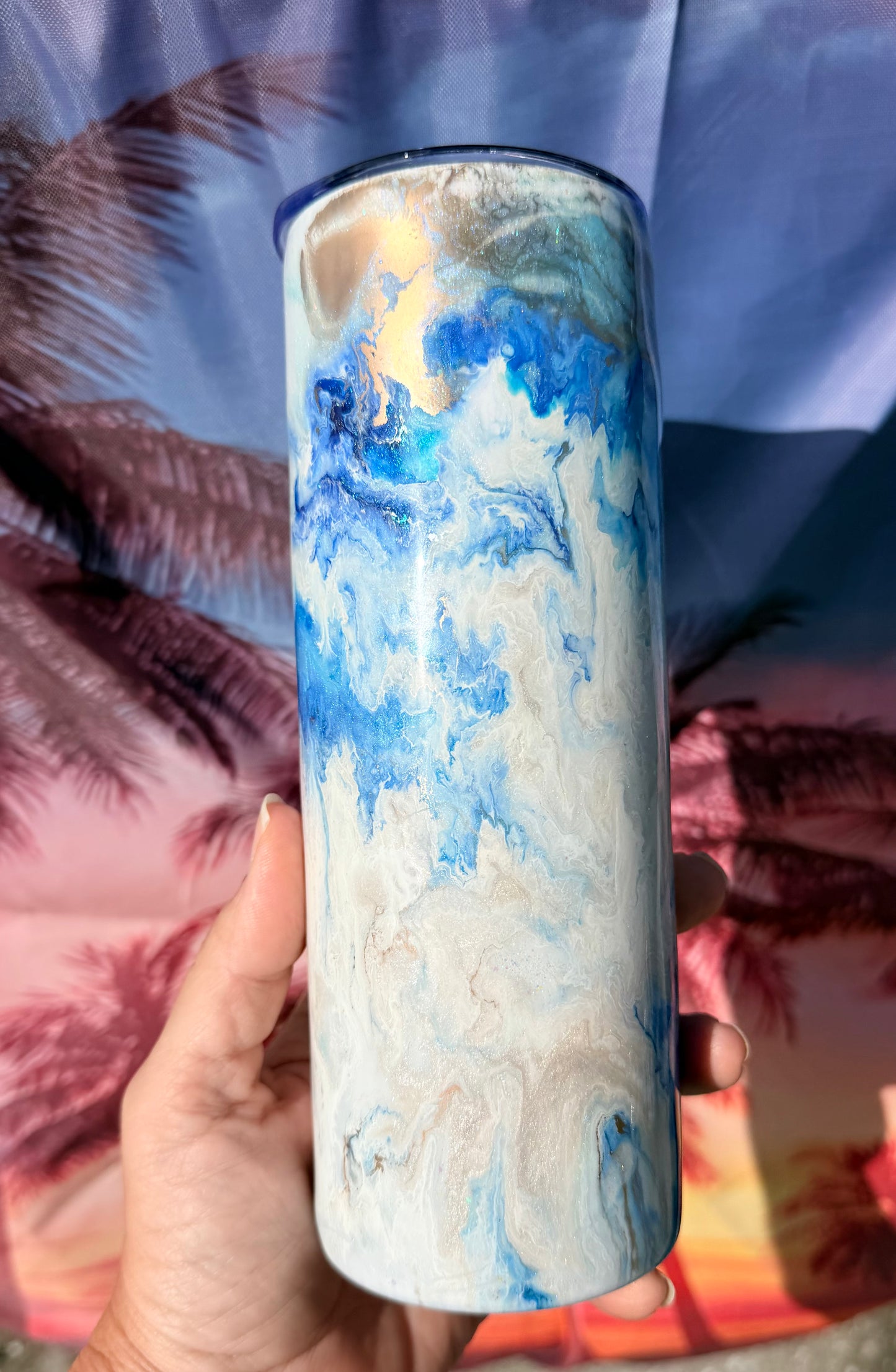 Blue, White, Gold “Marble” Epoxy Tumbler