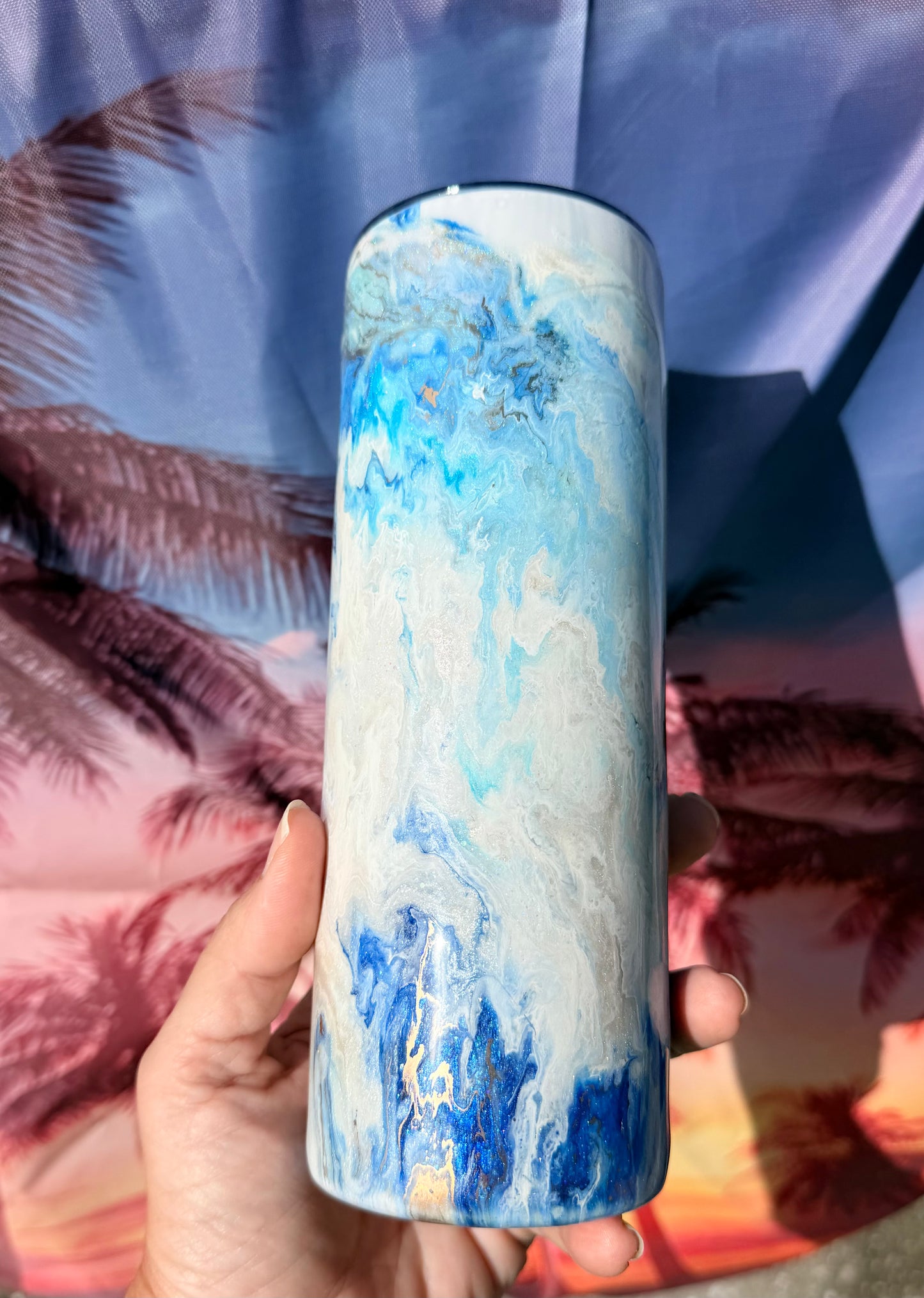 Blue, White, Gold “Marble” Epoxy Tumbler