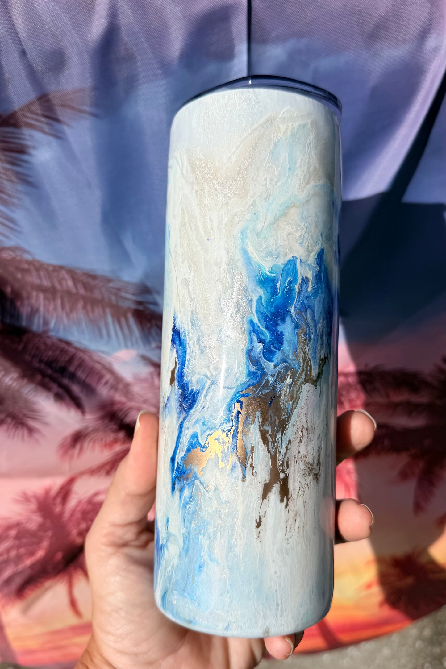 Blue, White, Gold “Marble” Epoxy Tumbler