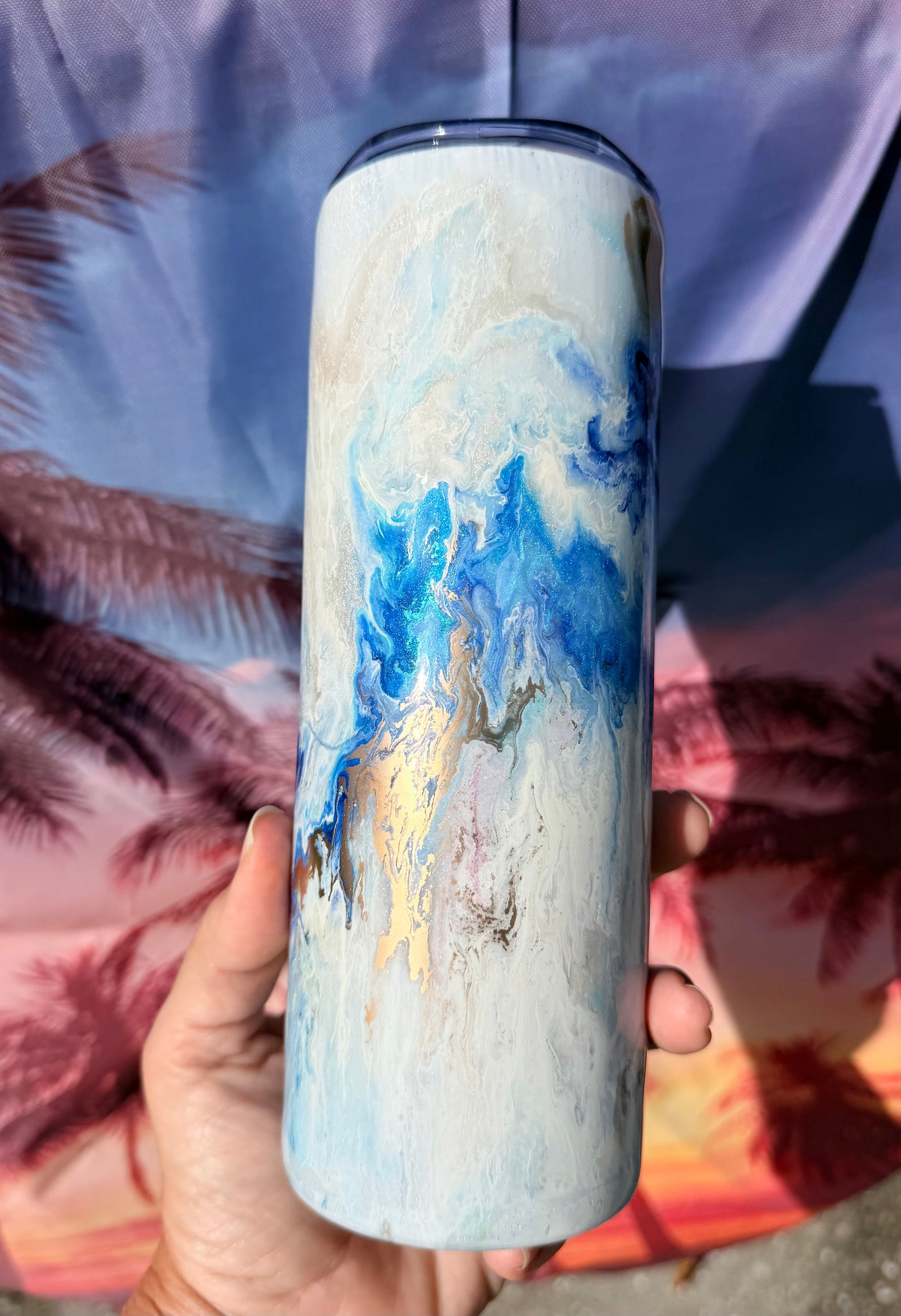 Blue, White, Gold “Marble” Epoxy Tumbler