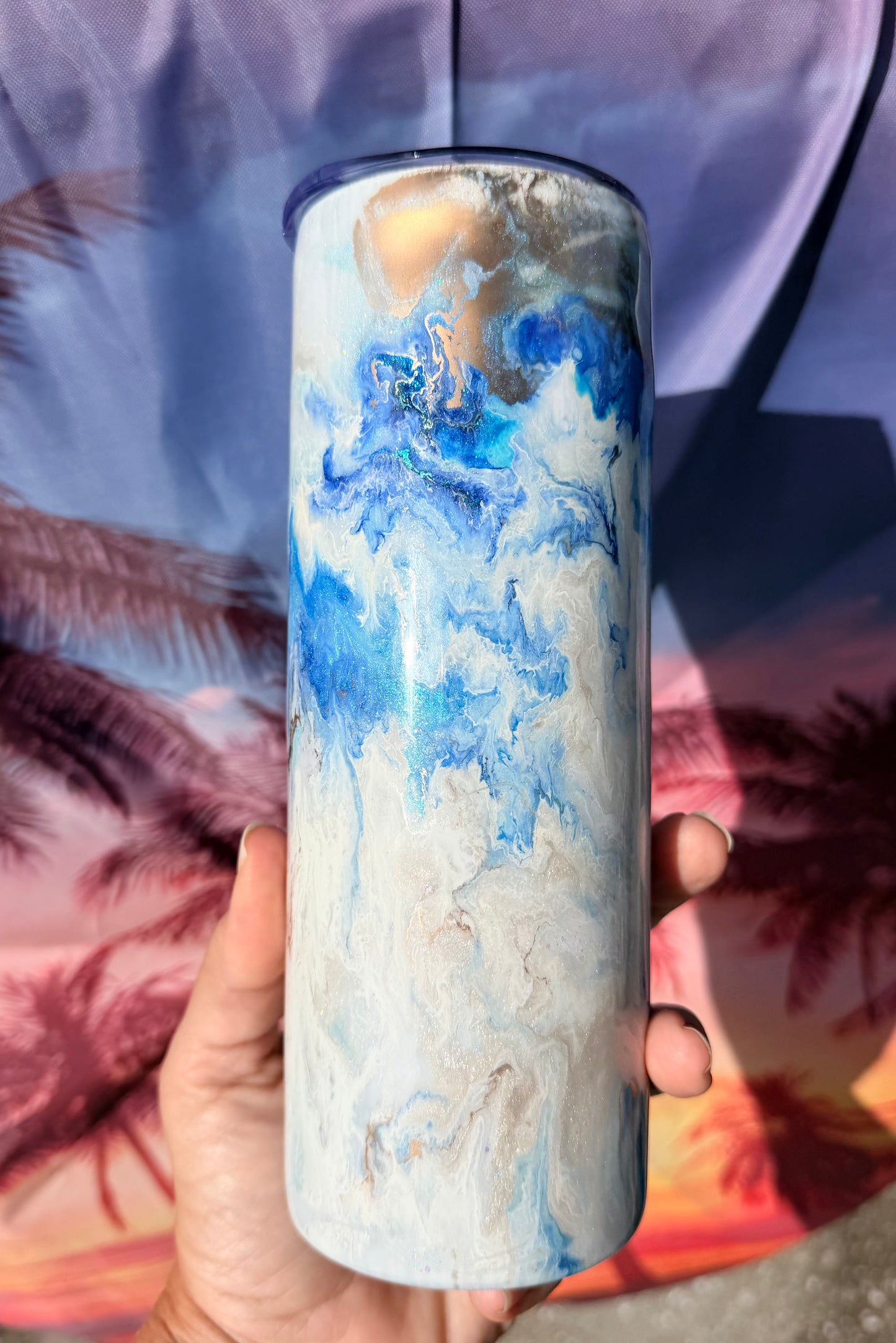Blue, White, Gold “Marble” Epoxy Tumbler